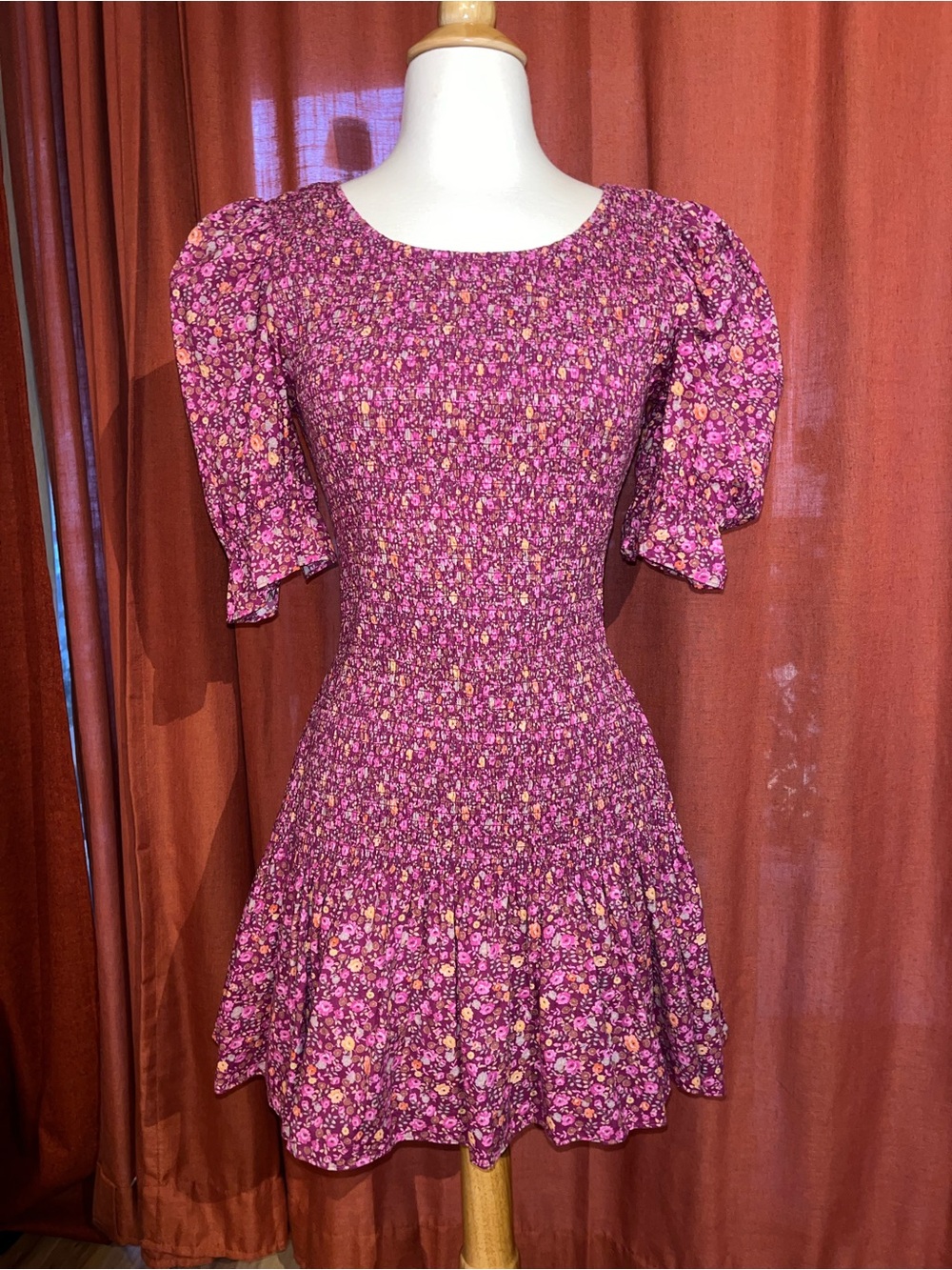 LoveShackFancy Berry Floral Smocked Puff Sleeve Mini Dress Size S
